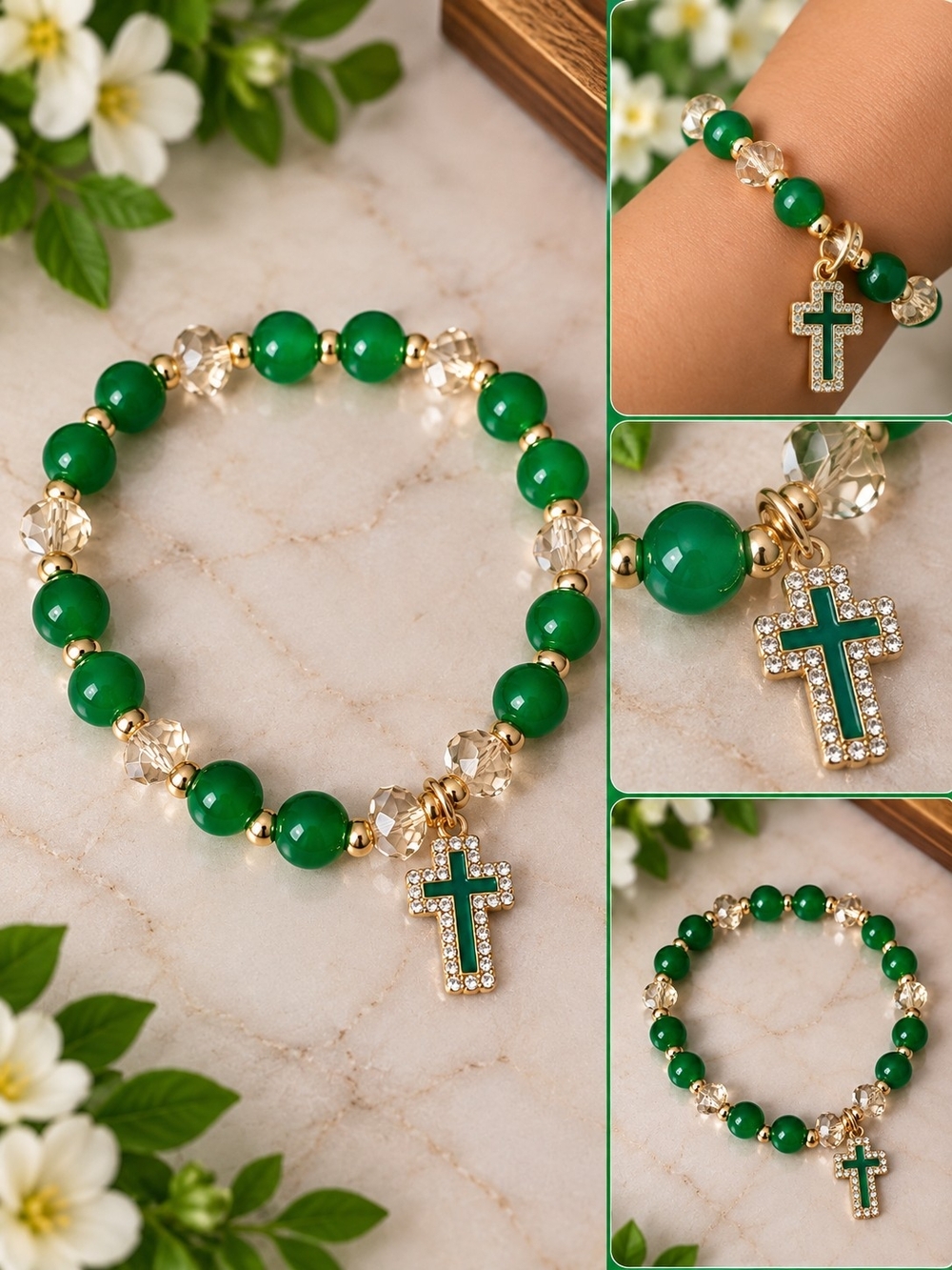 Green Beaded Cross Charm Bracelet